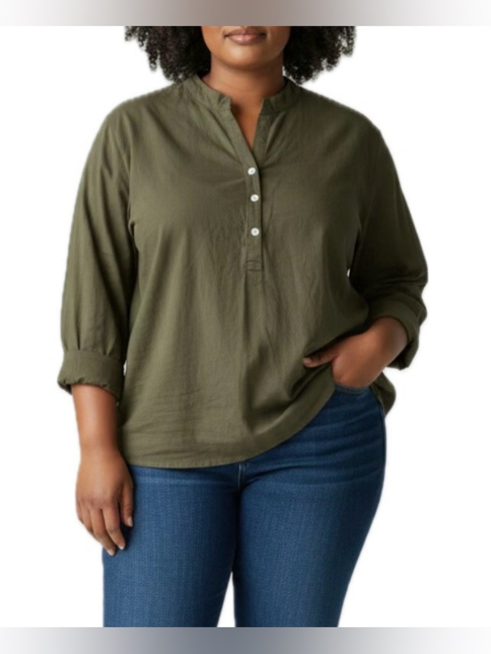 Women's 3XL‎ Plus Green Solid V-Neck 3/4 Sleeve Half Button Blouse Top